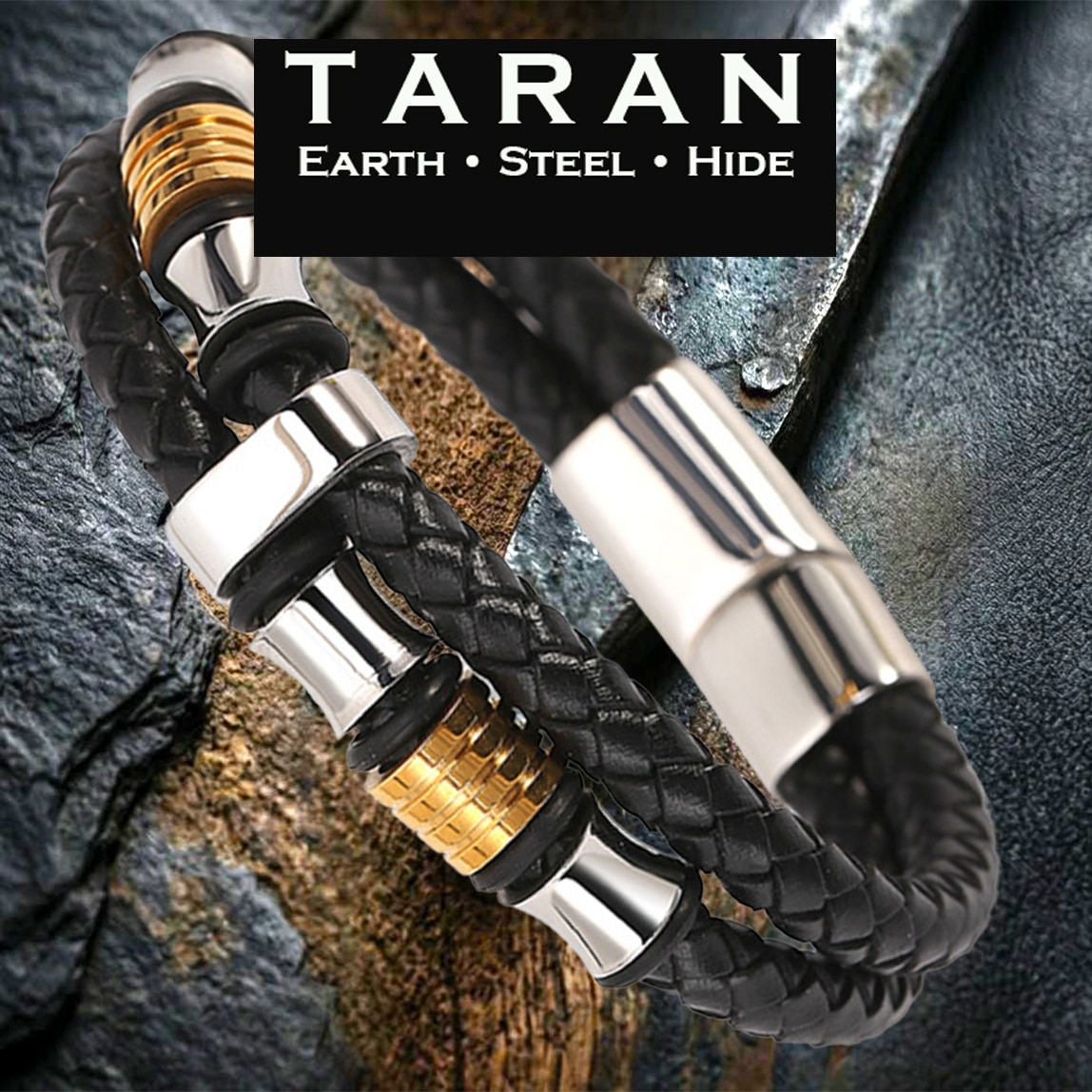 Men's black double strand leather bracelet with gold and silver two tone bead charm and magnetic clasp — Taran-440GS