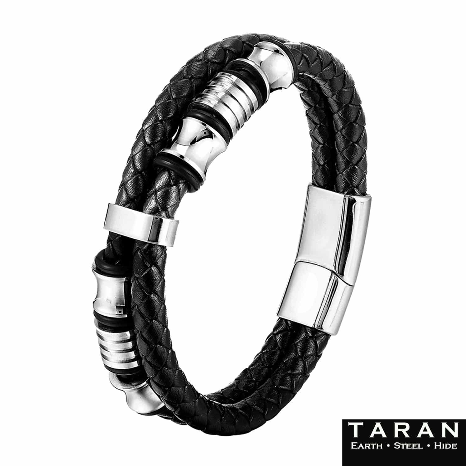 Men's Black Leather Bracelet | Silver Steel Beads | Taran - Image 2