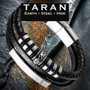 Men's black multi layer leather bracelet with ornate totem bead charm, steel ID plate and magnetic clasp Taran-449