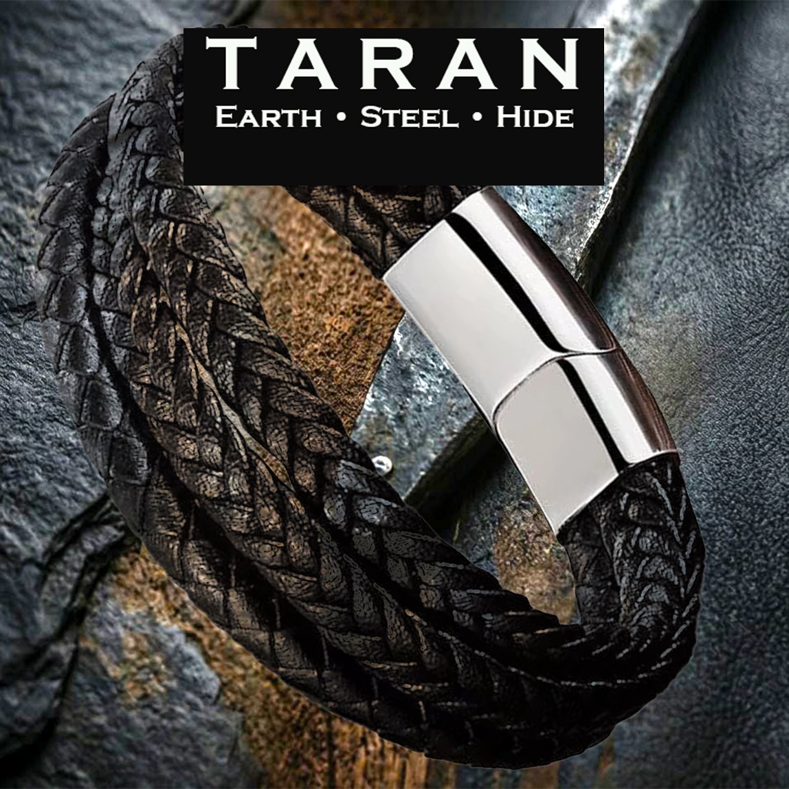 Men's black double layer braided leather bracelet with two flat braided layers and silver magnetic clasp Taran-462