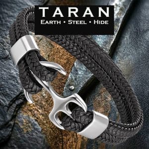 Men's black multi layer leather bracelet with bold silver anchor centrepiece and magnetic clasp Taran-469