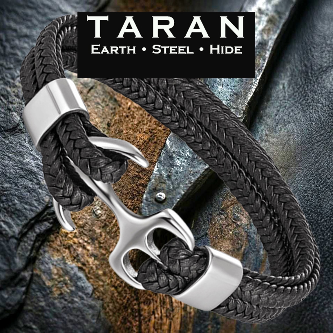 Men's black multi layer leather bracelet with bold silver anchor centrepiece and magnetic clasp Taran-469