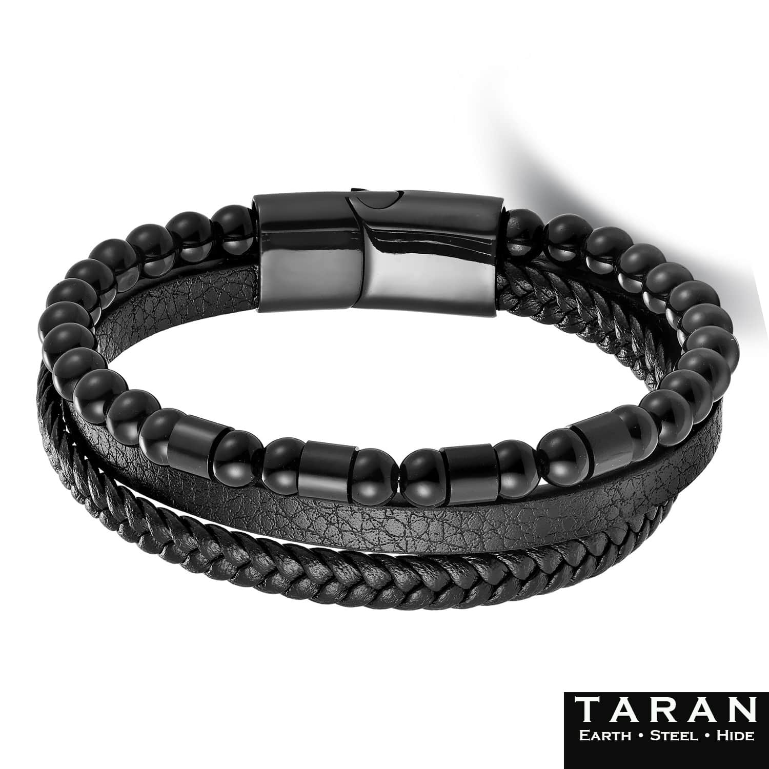 Men's Black Multi Layer Leather Bracelet | Onyx Beads | Taran - Image 4