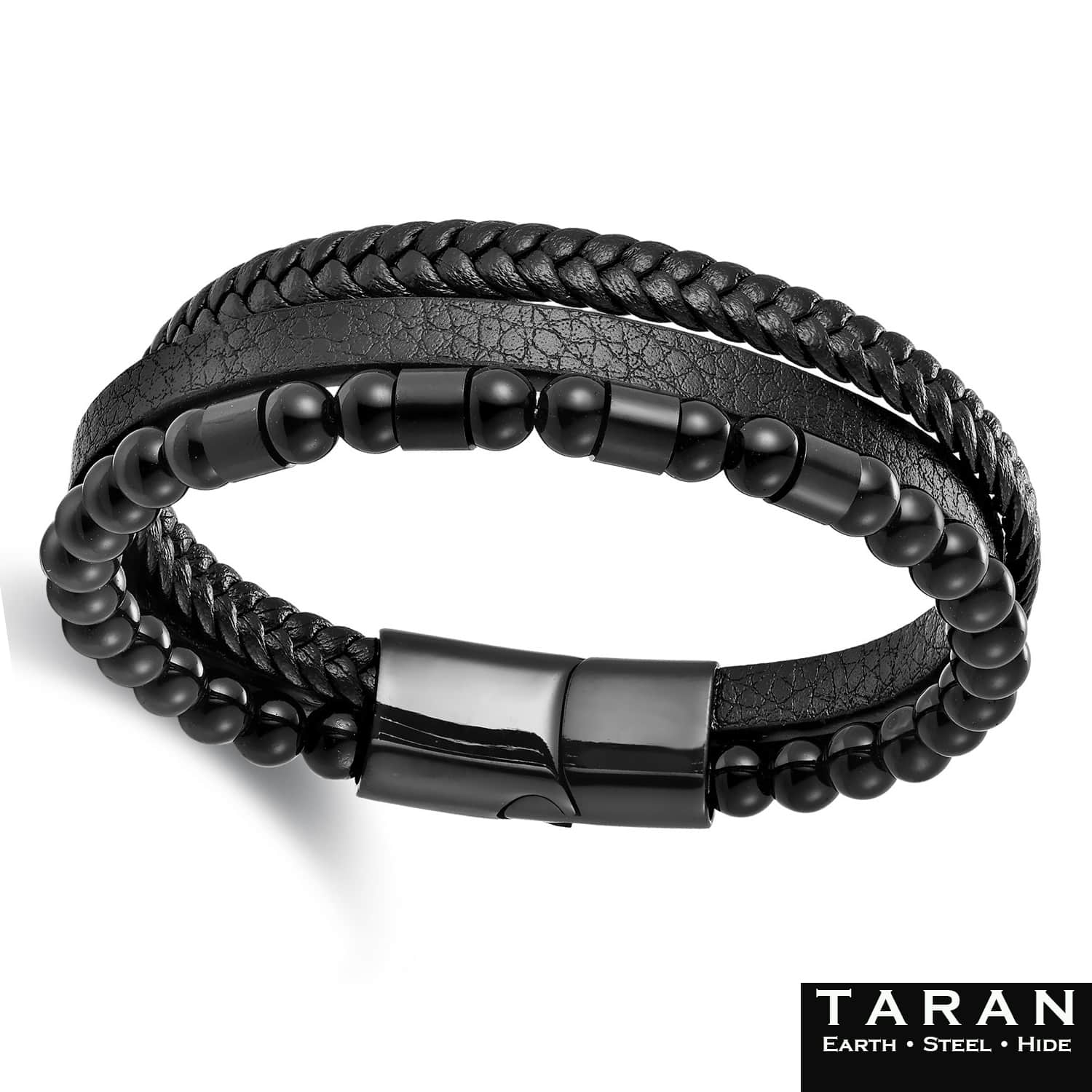 Men's Black Multi Layer Leather Bracelet | Onyx Beads | Taran - Image 3