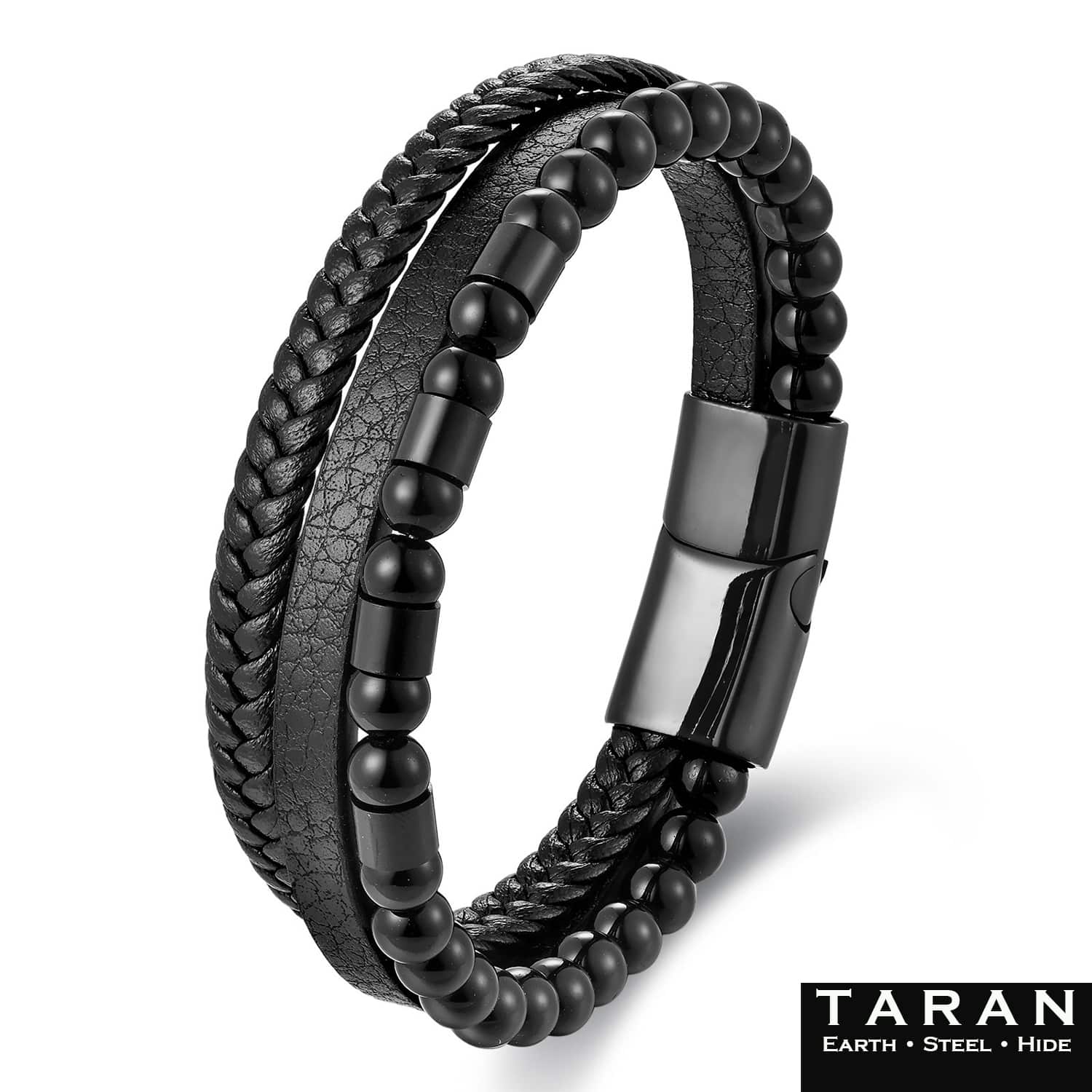 Men's Black Multi Layer Leather Bracelet | Onyx Beads | Taran - Image 2
