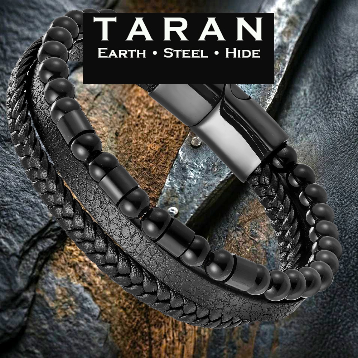 Men's black triple layer leather bracelet with matte onyx stone beads and gunmetal magnetic clasp Taran-502