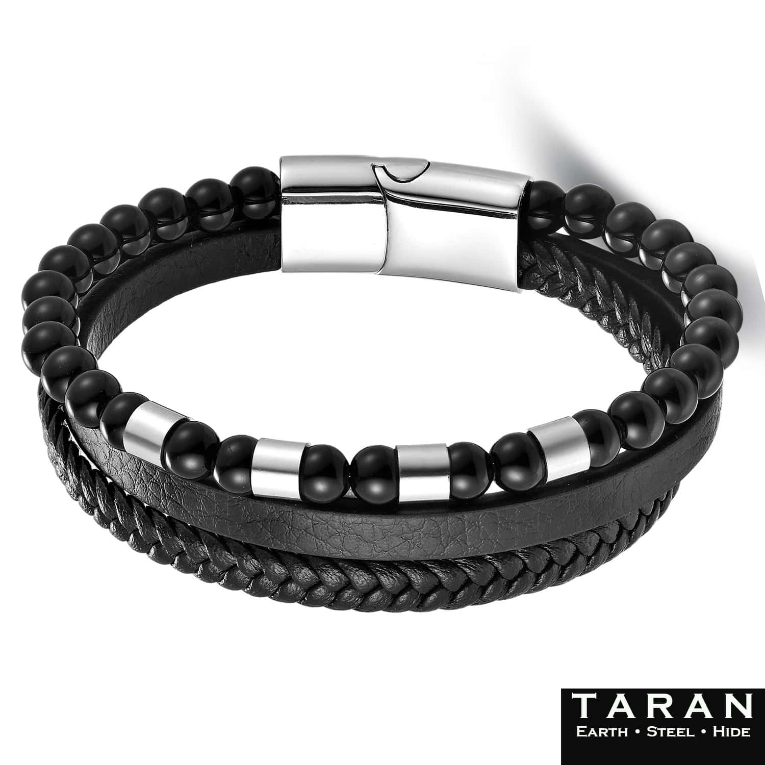 Men's Black Leather Bracelet | Onyx Beads & Silver Clasp | Taran - Image 4