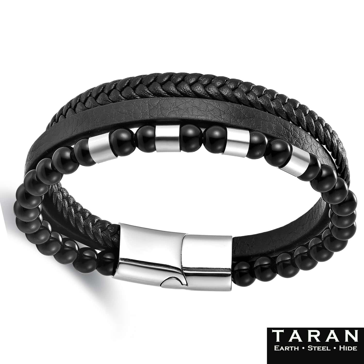 Men's Black Leather Bracelet | Onyx Beads & Silver Clasp | Taran - Image 3