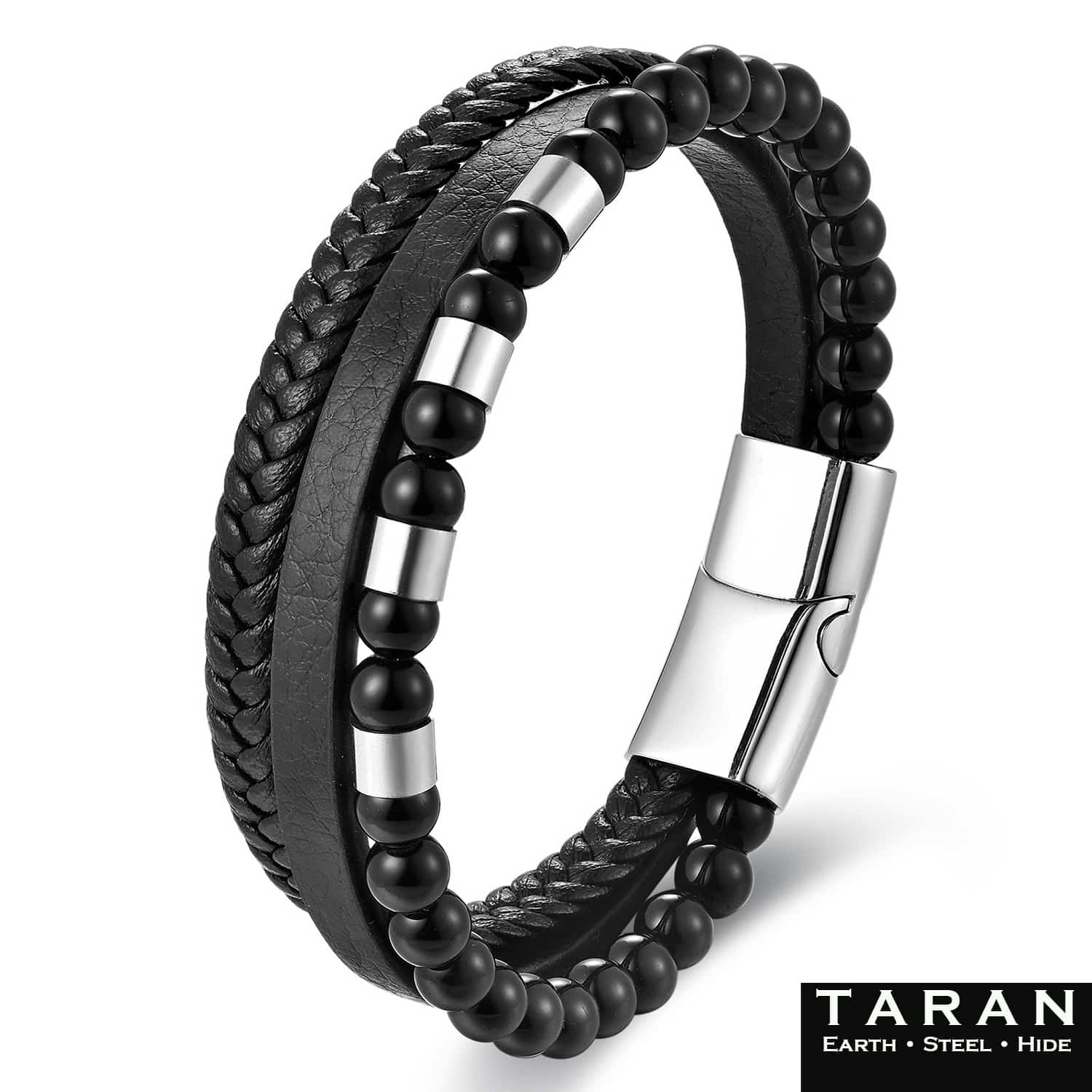 Men's Black Leather Bracelet | Onyx Beads & Silver Clasp | Taran - Image 2