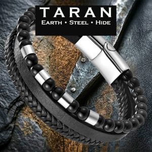 Men's black triple layer leather bracelet with matte onyx stone beads and silver magnetic clasp Taran-502