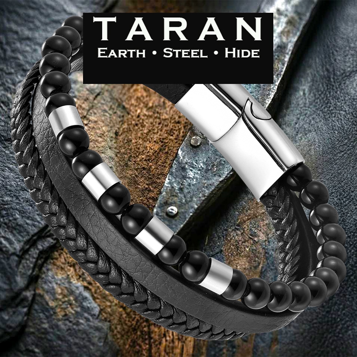 Men's black triple layer leather bracelet with matte onyx stone beads and silver magnetic clasp Taran-502