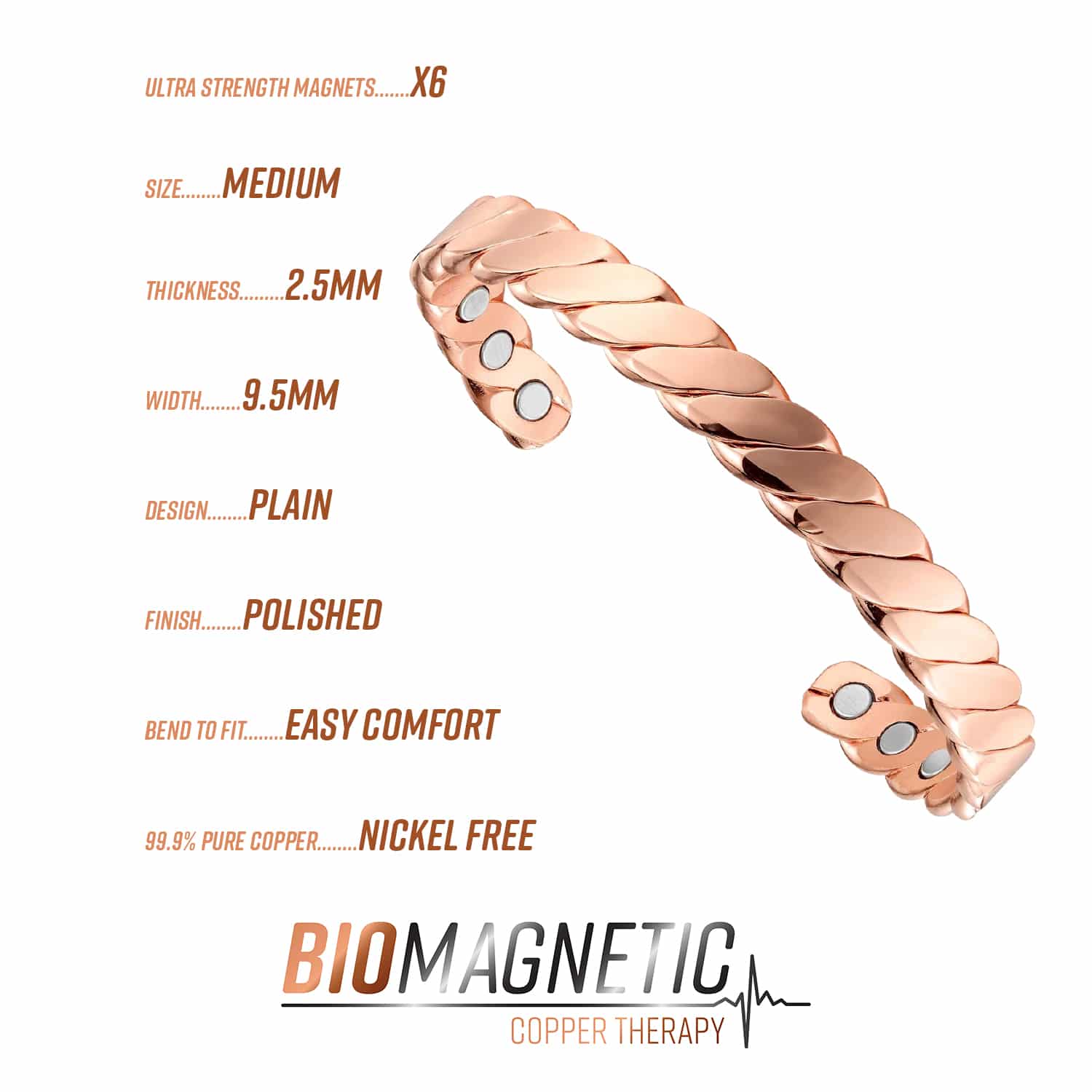 BioMagnetic Twisted Copper Bracelet | Polished 9.5mm Plain Band Polished twisted magnetic copper bracelet with 6 therapeutic magnets on a white background.