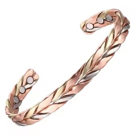A three-tone twisted magnetic copper therapy bracelet. Featuring an adjustable open-cuff design with an intricate interwoven braid of gold, rose gold, and silver-toned strands, displaying high-strength therapy magnets on the inner copper band.