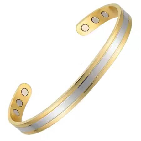 Two-tone gold and silver magnetic copper therapy bracelet Featuring a brushed silver center stripe, polished gold edges, and visible therapeutic magnets on the inner band.