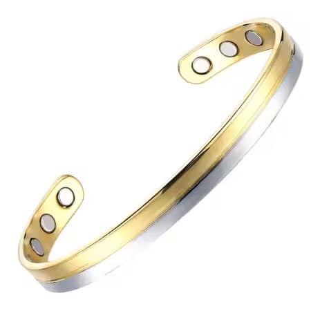 A two-tone magnetic copper therapy bracelet, Featuring an adjustable open-cuff design with a distinct split-band finish of polished gold and brushed silver, displaying high-strength therapy magnets on the inner copper band.