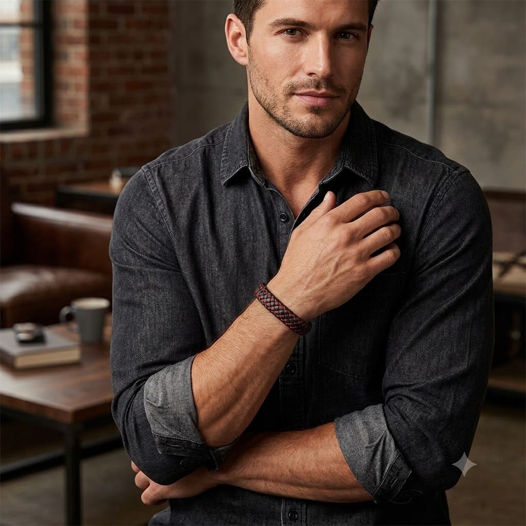 Men’s Black & Red Braided Leather Bracelet Male model wearing a black and red braided leather bracelet without a clasp visible on his wrist.